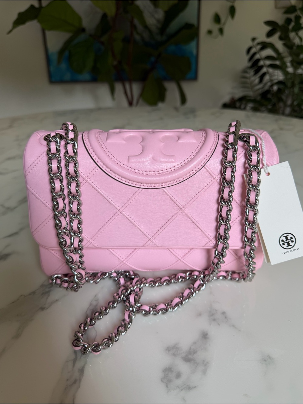 NWT Tory Burch Small Fleming Soft Convertible Shoulder Bag Pink Plie / Silver